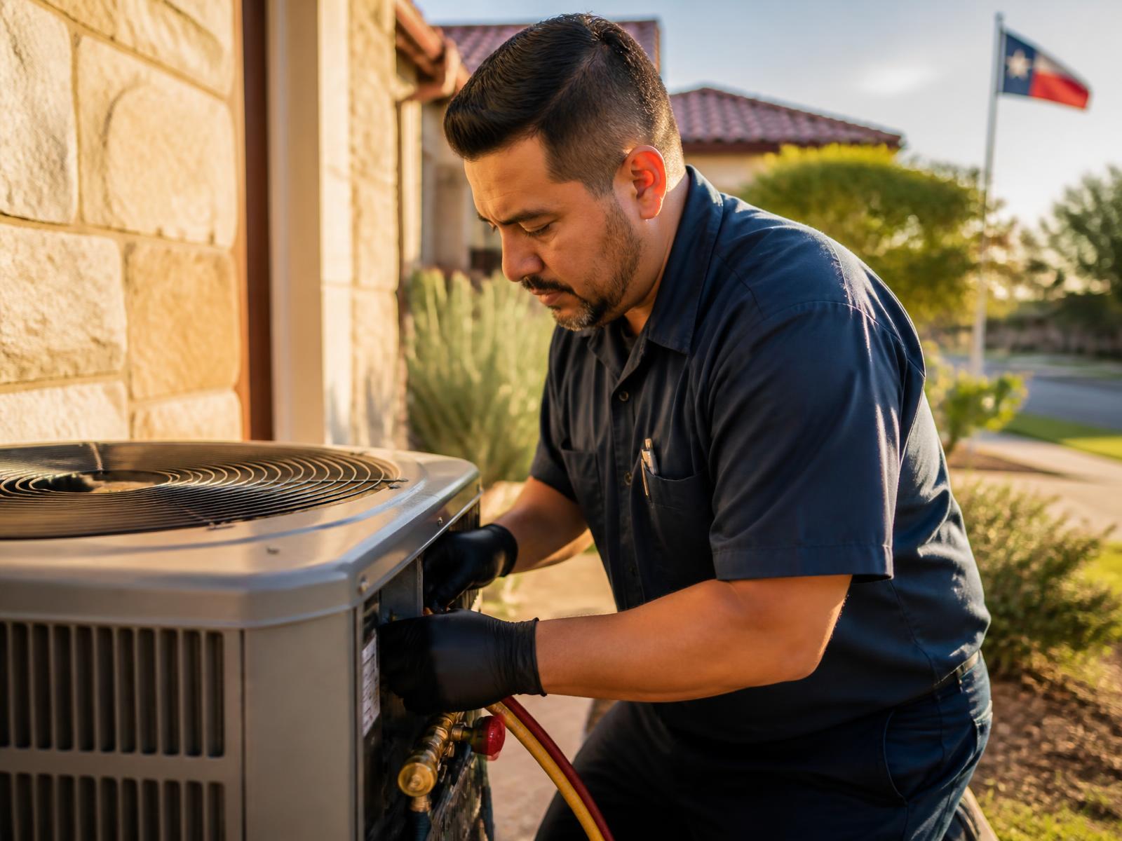 HVAC technician servicing a residential air conditioning unit